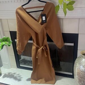 Fashion Nova Tan Long Sleeve Wrap Dress